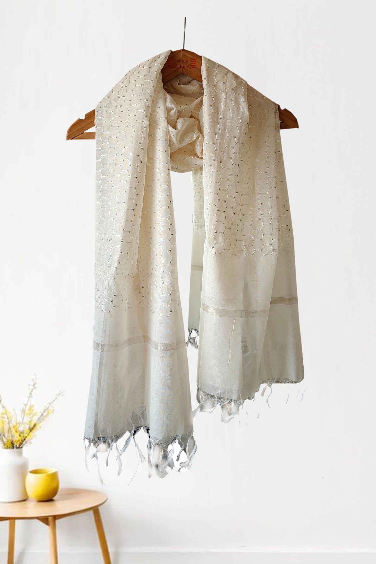 Off White Embroidered Chanderi Dupatta